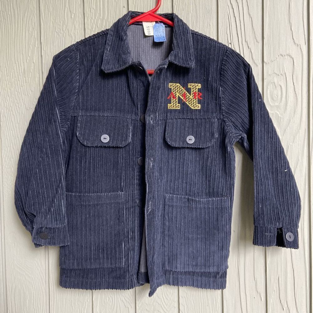Vintage 70s Long Blue Corduroy Kids Jacket with Custom Embroidered Drip - Youth